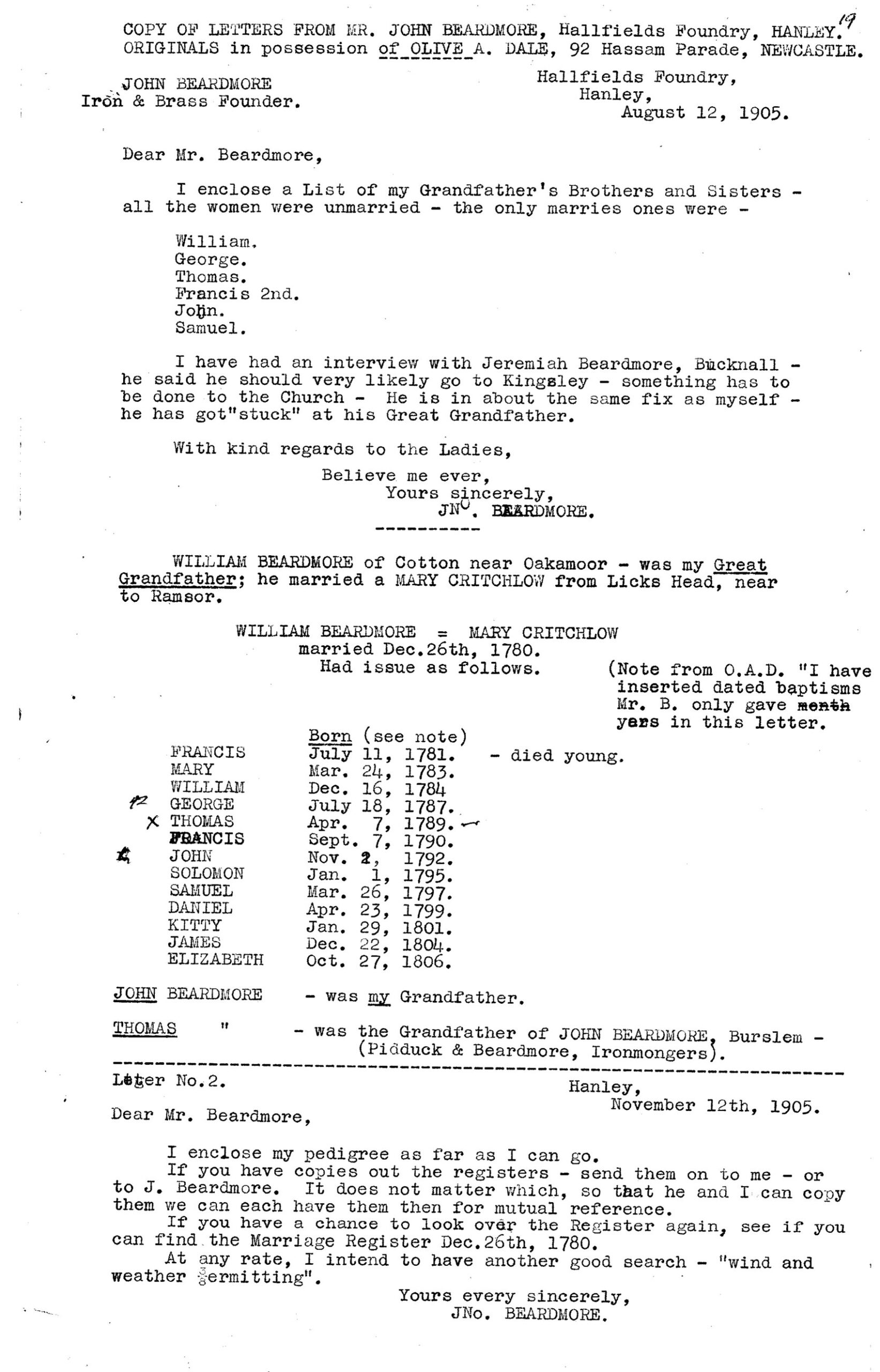 Typed copy of letters from John Beardmore of 12 August and 12 November 1905
