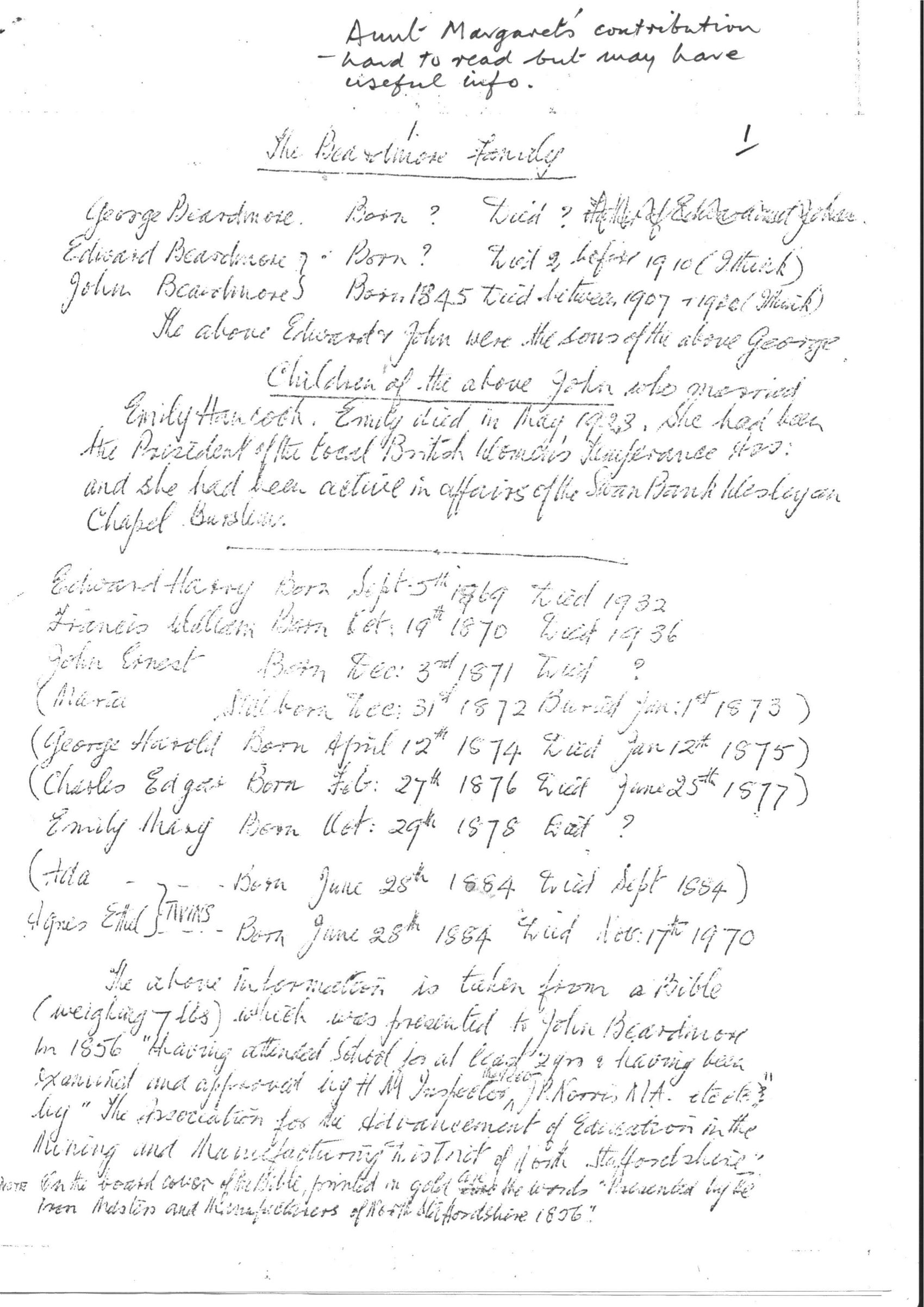 Handwritten notes by Margaret Beardmore on the Beardmore family, page 1