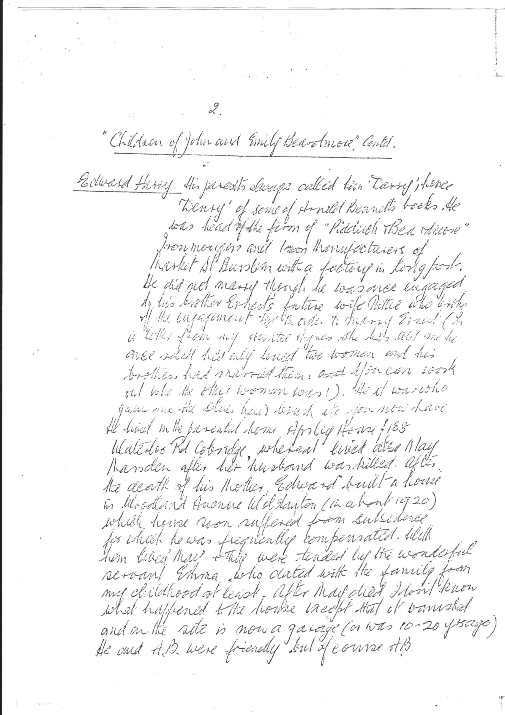 Handwritten notes by Margaret Beardmore on the Beardmore family, page 2