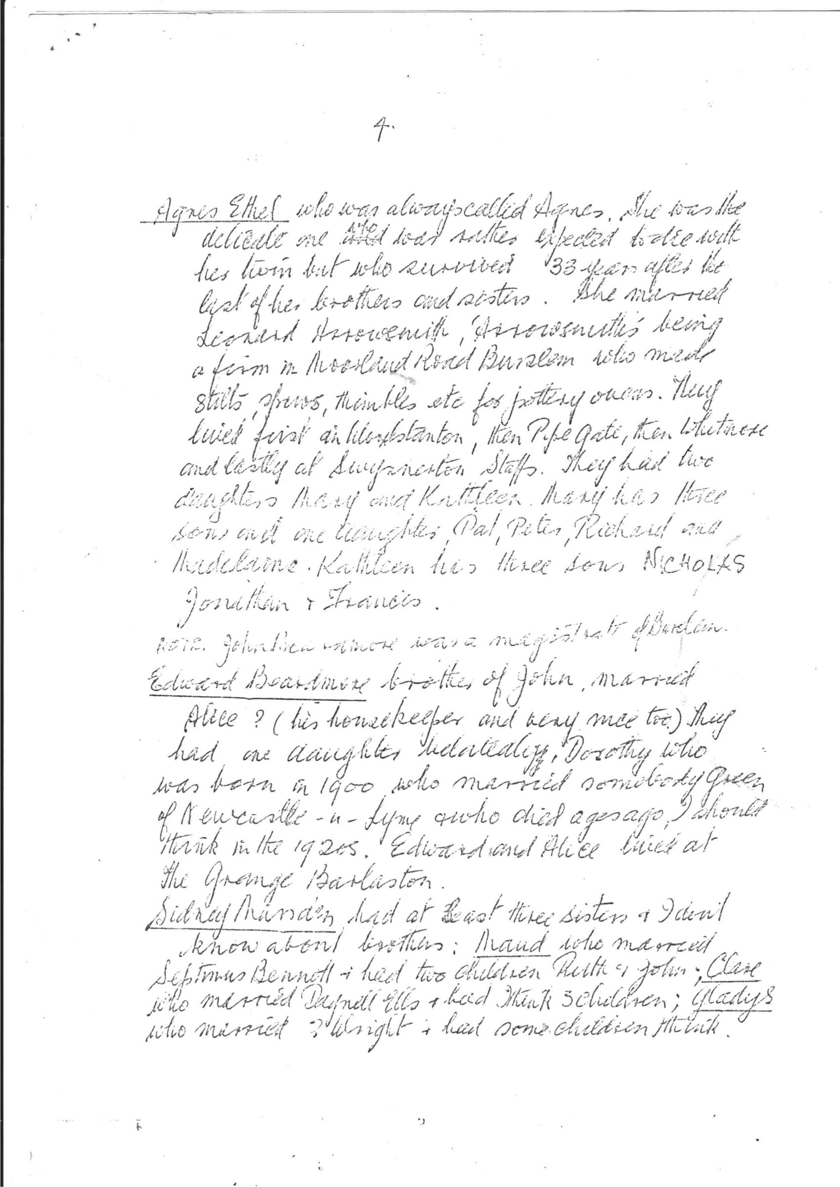 Handwritten notes by Margaret Beardmore on the Beardmore family, page 4