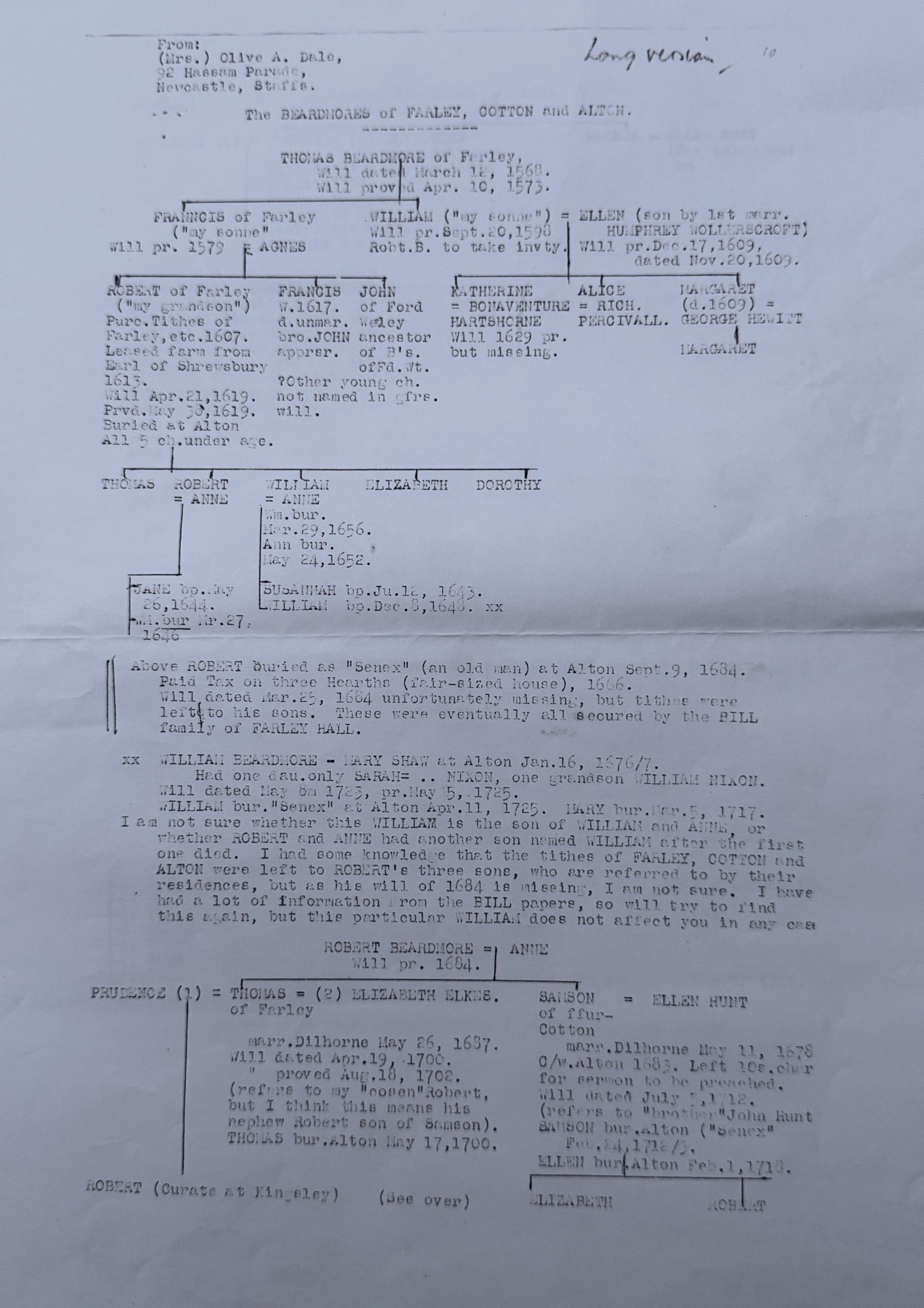 Typed family tree by Olive Dale, page 1