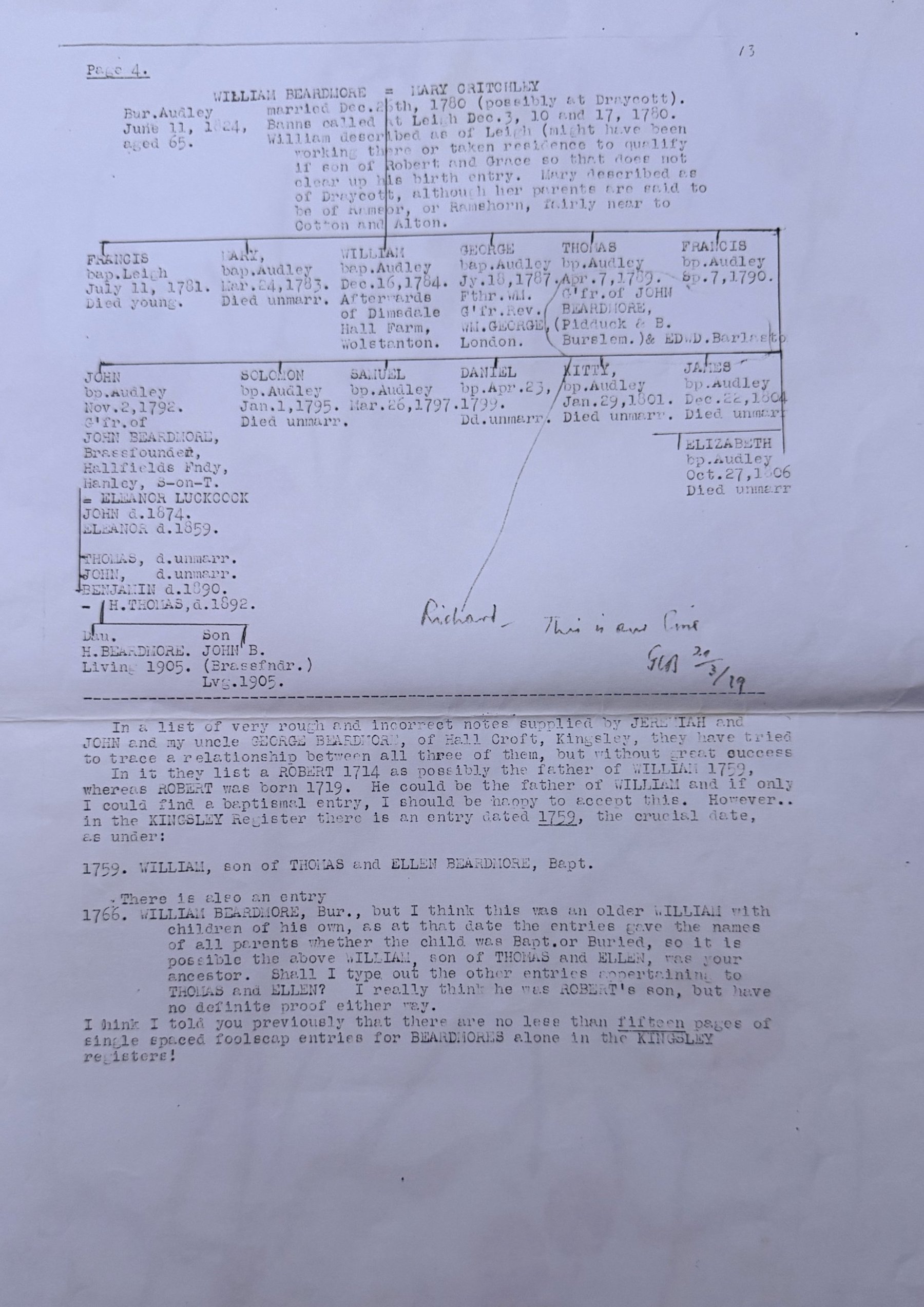 Typed family tree by Olive Dale, page 4