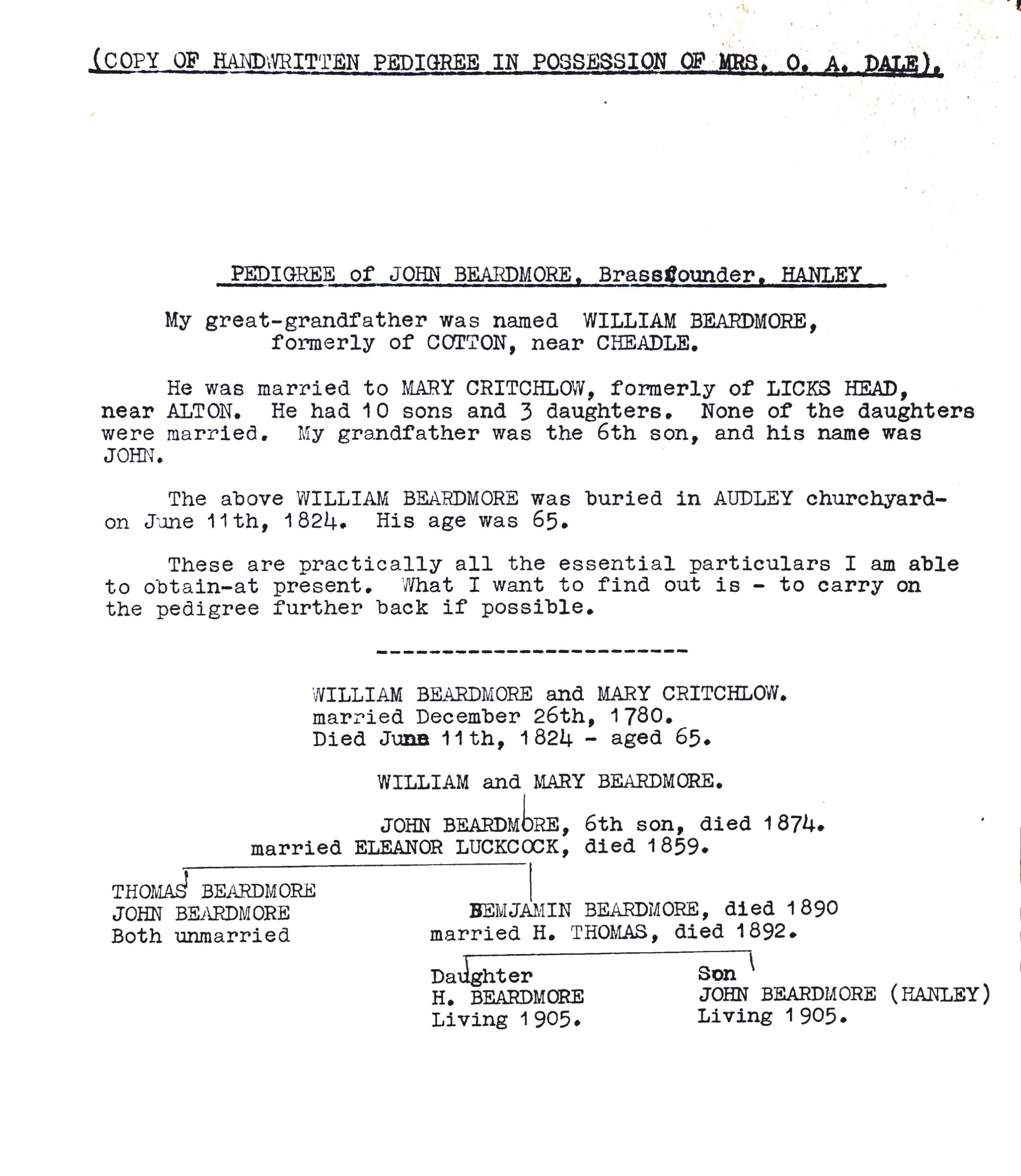 Typed copy of the pedigree of John Beardmore, brassfounder of Hanley